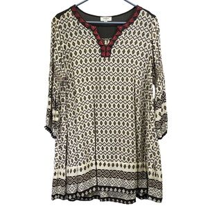 Umgee Brown Beige Womens Red Embroidered V Neck Boho Geometric Tunic Top‎ Small